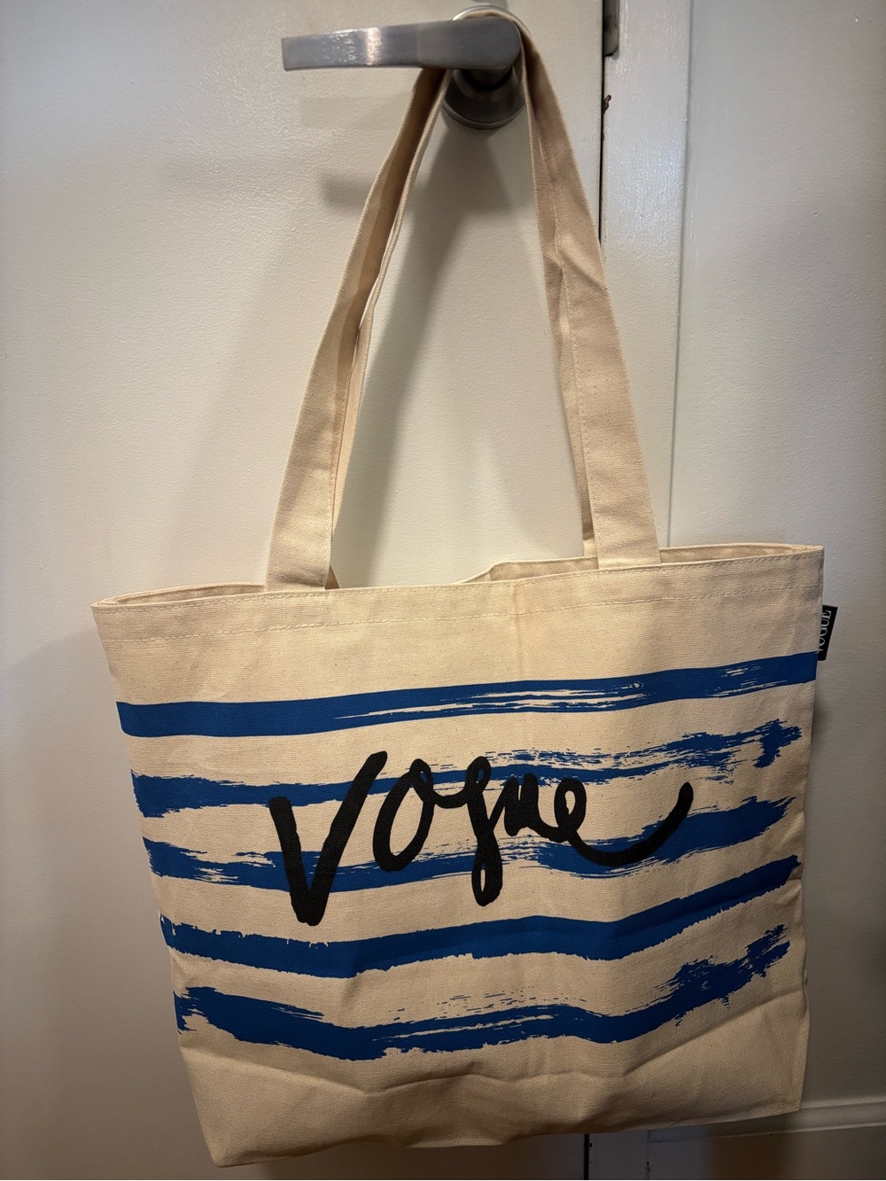 Vogue Canvas Tote Bag with Blue Stripes and Script Print